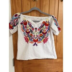 Mexican Embroidered Crochet Floral Cotton Off Shoulder White Blouse Top Boho S